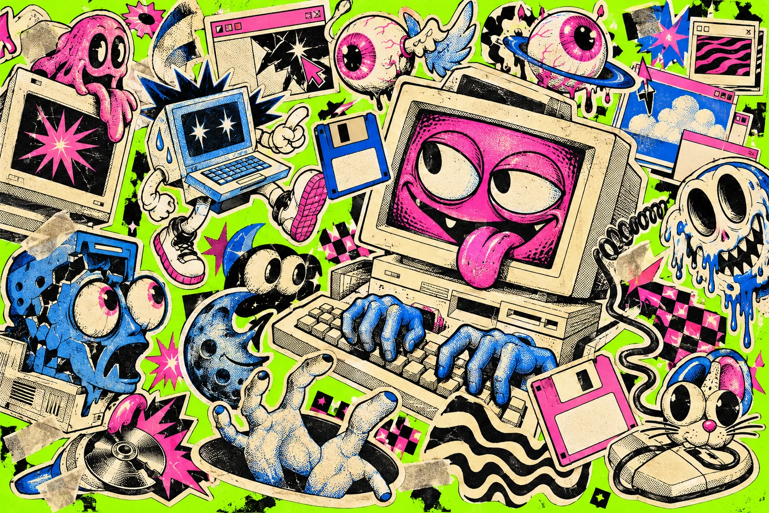 A chaotic collage of cartoon computers, eyeballs, floppy disks, and software monsters
